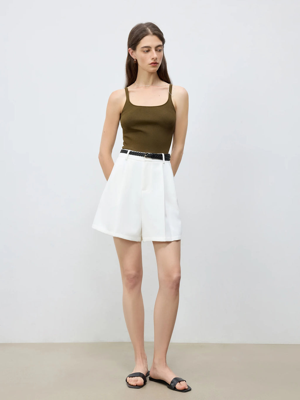 ZIQIAO 2025 Summer Women's Elevated Waist Wide Shorts - White Flattering Silhouette & Versatile Styling Casual Shorts 25ZQ92197