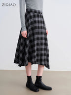 ZIQIAO 2025 Women's Retro Plaid A-Line Skirt - High Waist Flared Swing Midi Skirt with Pleated Detail for Office Casual