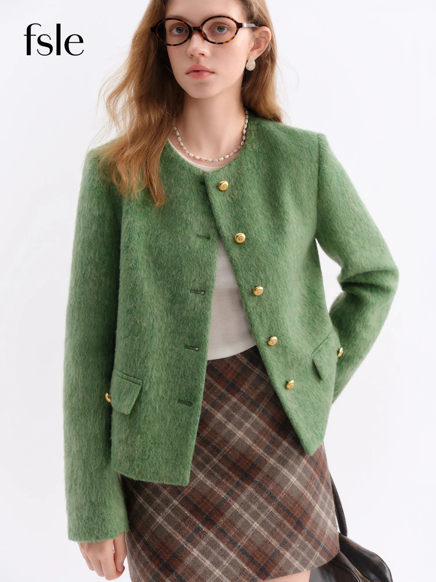 FSLE French Style Tweed Round Neck Wool Blend Structured Shoulder Women Coat 2025 New Outerwear Classic Elegant Casual Jacket