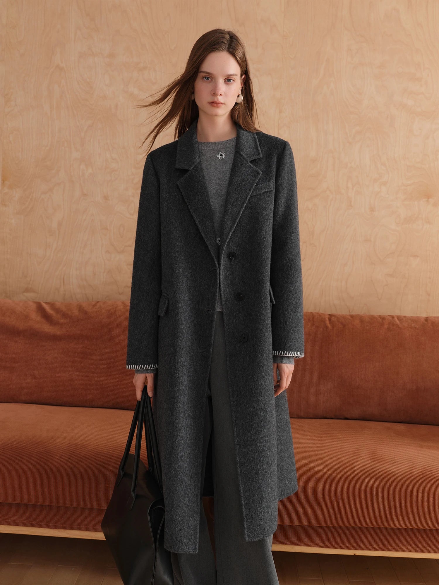 FSLE Winter 2025 Women's Tailored Shoulder Blazer Coat - Double Faced Wool Trench Outerwear with Notch Lapel Office Elegant