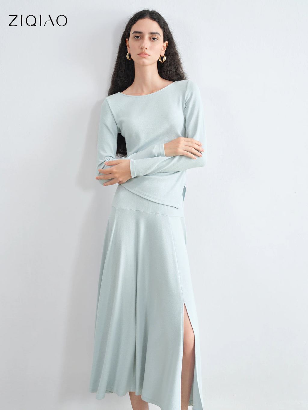 ZIQIAO Autumn 2025 Long Sleeve Set - Blue Soft Tone Matching Top & Skirt Long Length Women Casual Outfit