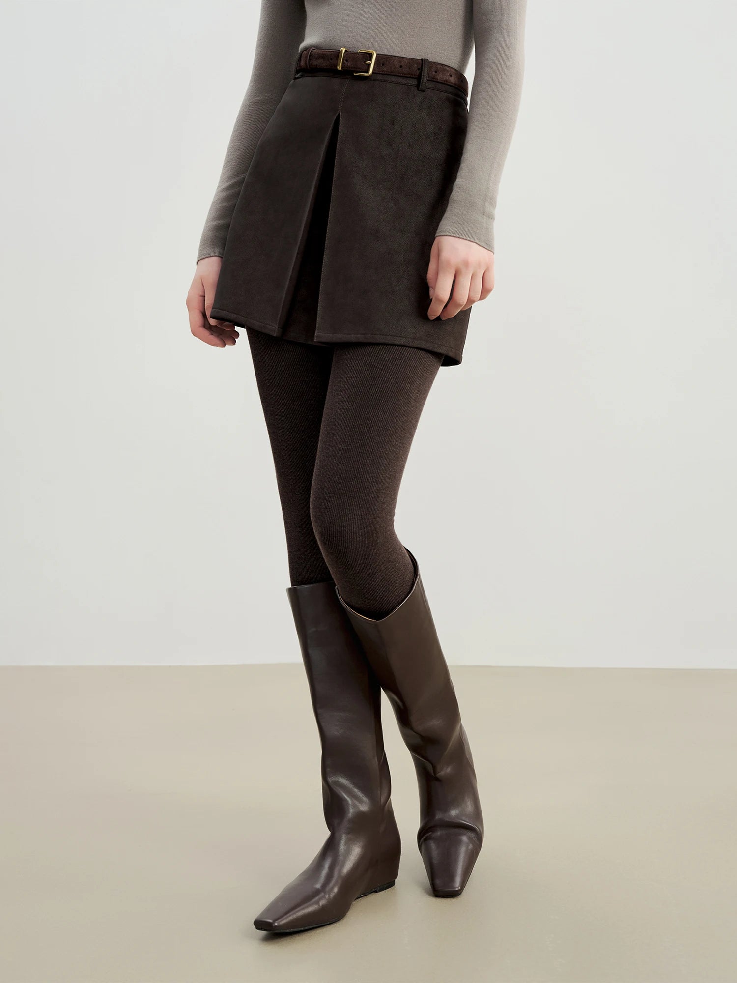 ZIQIAO 2025 Autumn Winter Women Retro Brown PU Leather Box Pleated Skirt - High Waist Midi Length A-Line Skirt for Casual