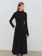 ZIQIAO Autumn Winter 2025 Women's Waist-Defined Maxi Dress - Classic Black Timeless Silhouette Flattering Fit Office Elegant