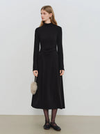 ZIQIAO Autumn Winter 2025 Women's Waist-Defined Maxi Dress - Classic Black Timeless Silhouette Flattering Fit Office Elegant