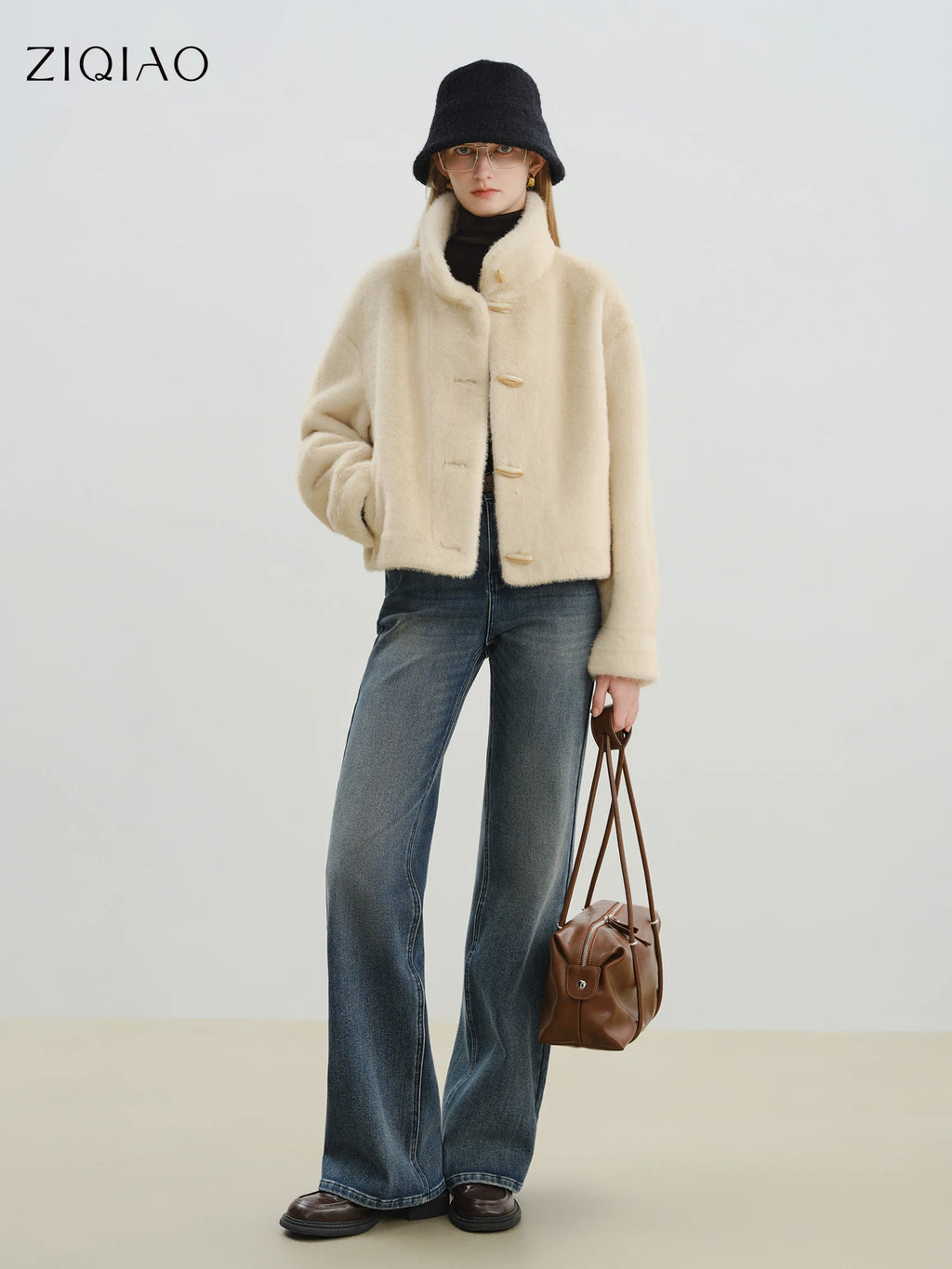 ZIQIA 2025 Winter Women Short Faux Fur Coat with Toggle Buttons - Eco-Friendly Integrated Fur Leather Look New Arrival Outerwear