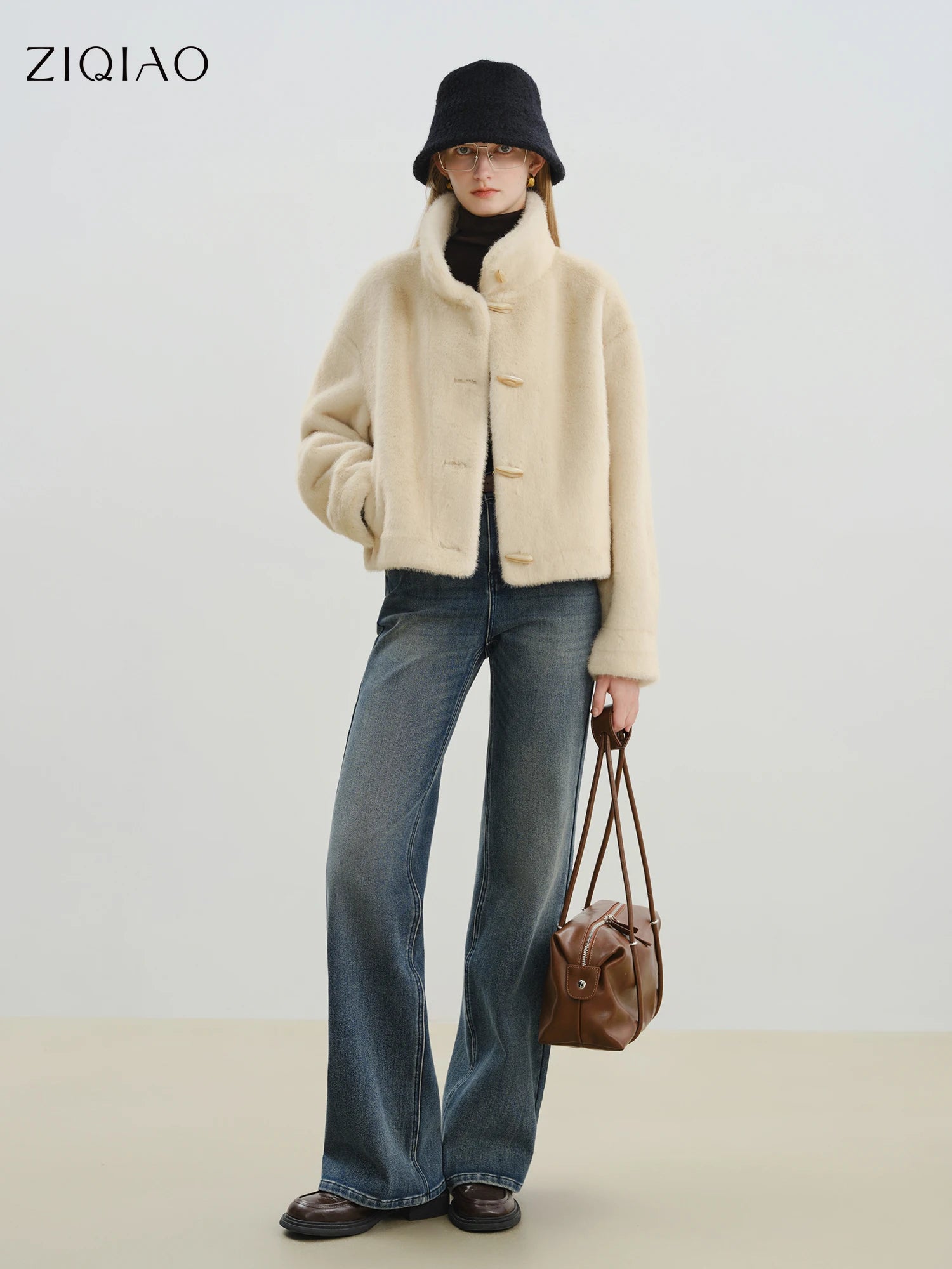 ZIQIA 2025 Winter Women Short Faux Fur Coat with Toggle Buttons - Eco-Friendly Integrated Fur Leather Look New Arrival Outerwear