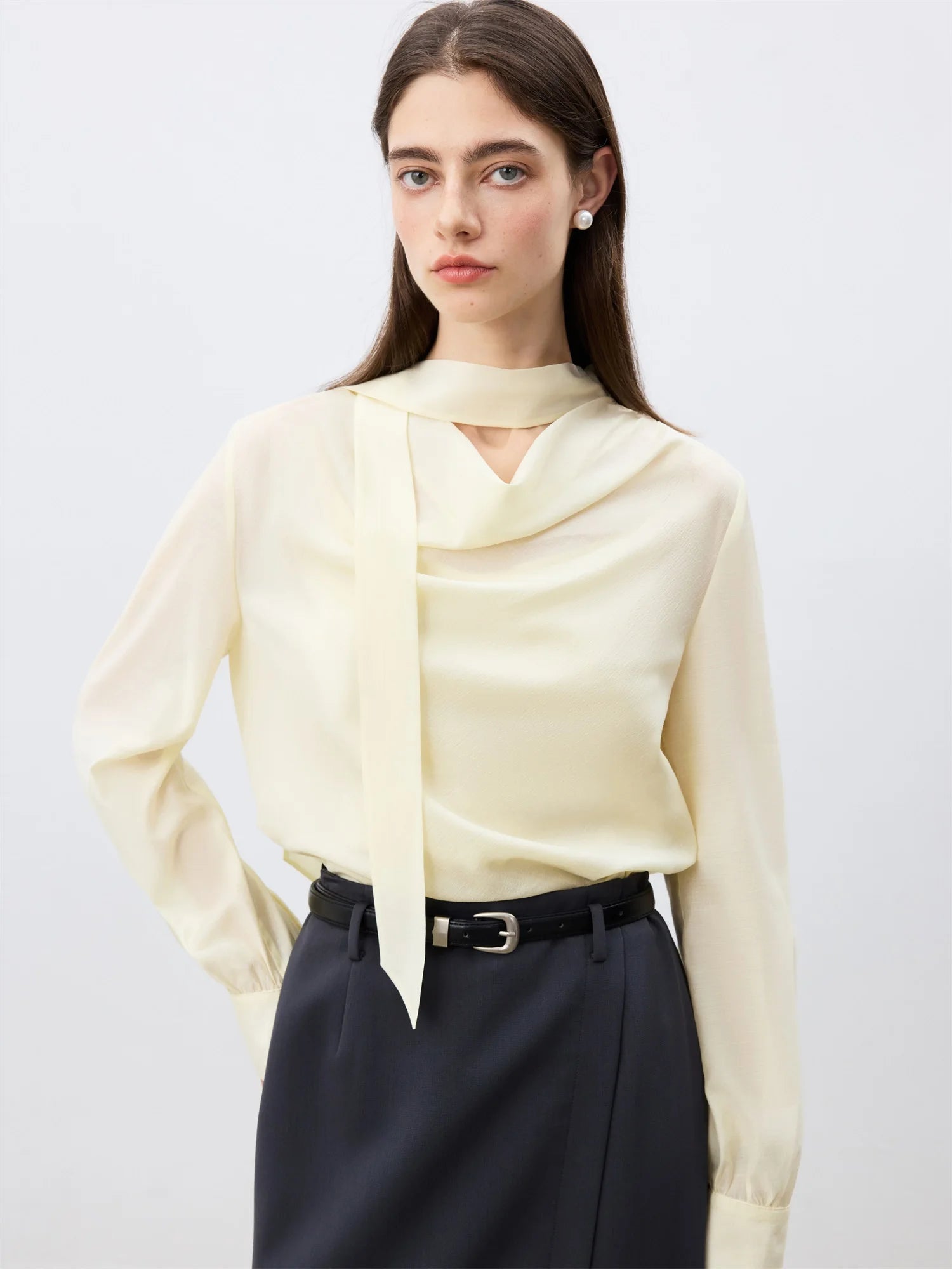 ZIQIAO Women Blouse+Vest Two Sets Office Lady Temperament 2025 Spring Light Yellow Long Sleeve Tops 23% Acetate Shirt 25ZQ91146