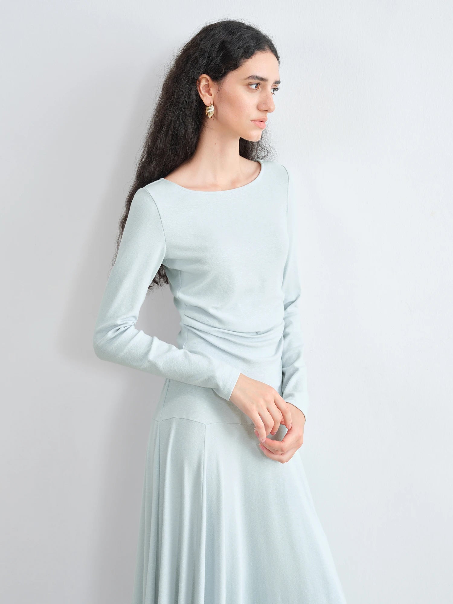 ZIQIAO Autumn 2025 Long Sleeve Set - Blue Soft Tone Matching Top & Skirt Long Length Women Casual Outfit