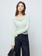 ZIQIAO Women Spring Long Sleeve T-Shirt Tops 19.4% Wool Swing Neck Slim Fit Commuter Top 2025 Spring Female Black Top 25ZQ91081