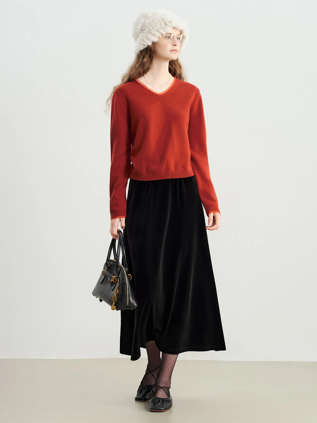 ZIQIAO French Style Black Velvet A-Line Midi Skirt for Women 2025 Autumn Winter New High-End Sense Long Hem Semi-Skirt Elegant