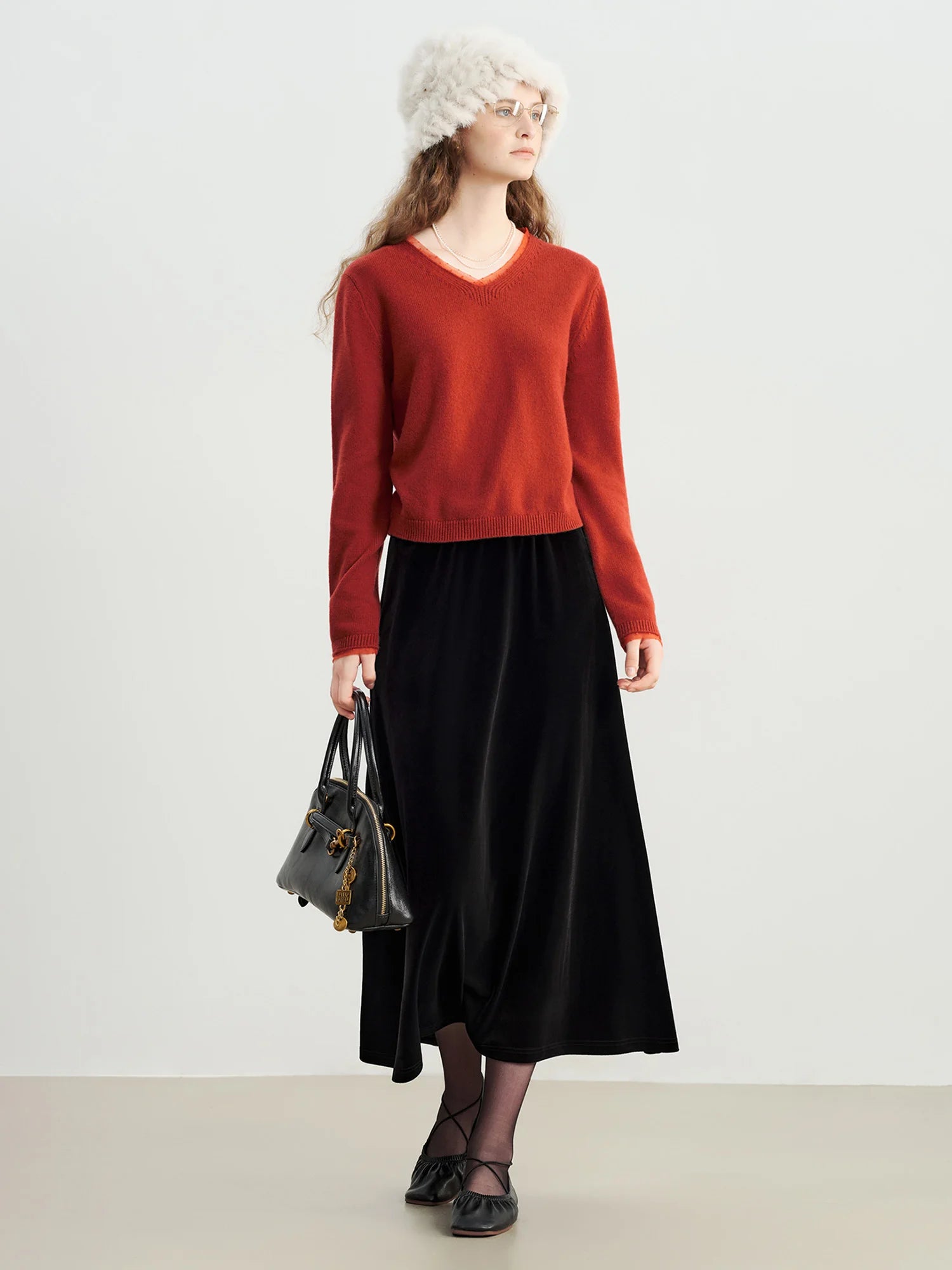 ZIQIAO French Style Black Velvet A-Line Midi Skirt for Women 2025 Autumn Winter New High-End Sense Long Hem Semi-Skirt Elegant