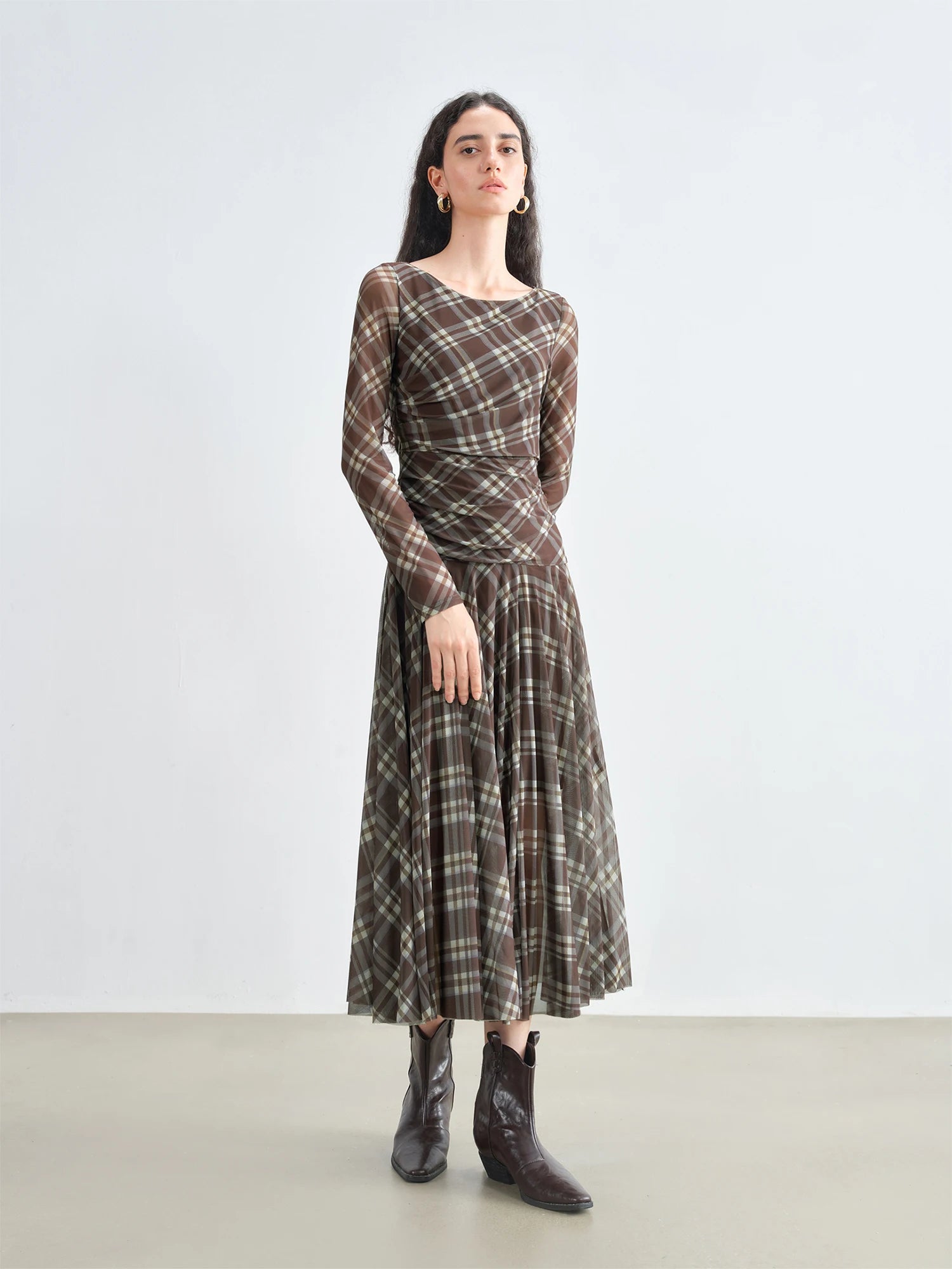 ZIQIAO Early Fall 2025 Women's Textured Plaid Maxi Dress - Long Sleeve Vintage Inspired Cinched Waist Flowy Elegant Daily Wear