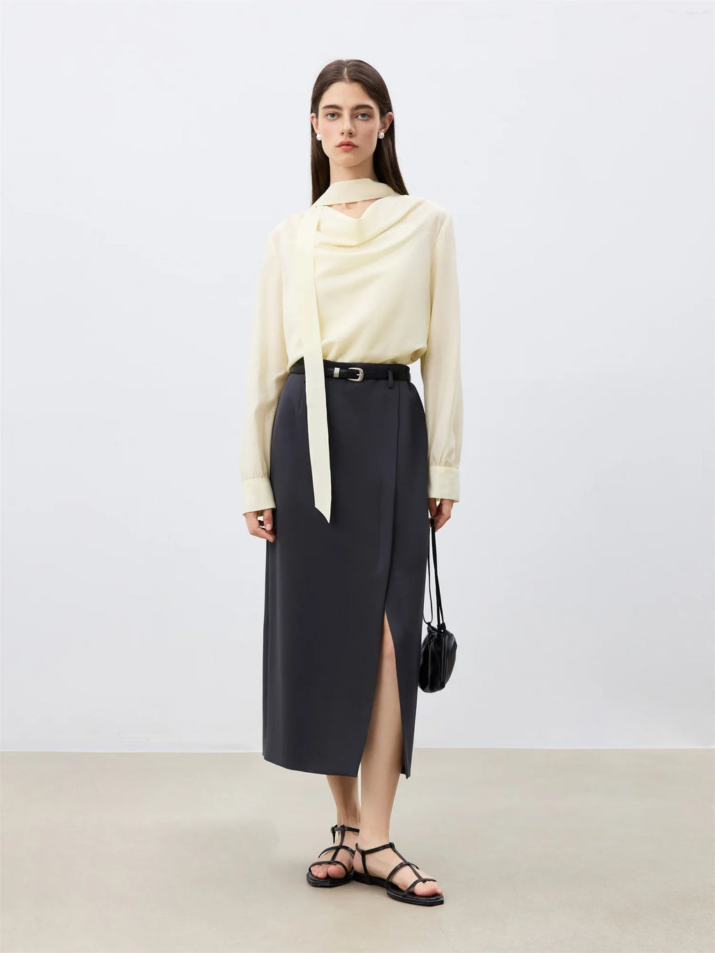 ZIQIAO Women Blouse+Vest Two Sets Office Lady Temperament 2025 Spring Light Yellow Long Sleeve Tops 23% Acetate Shirt 25ZQ91146