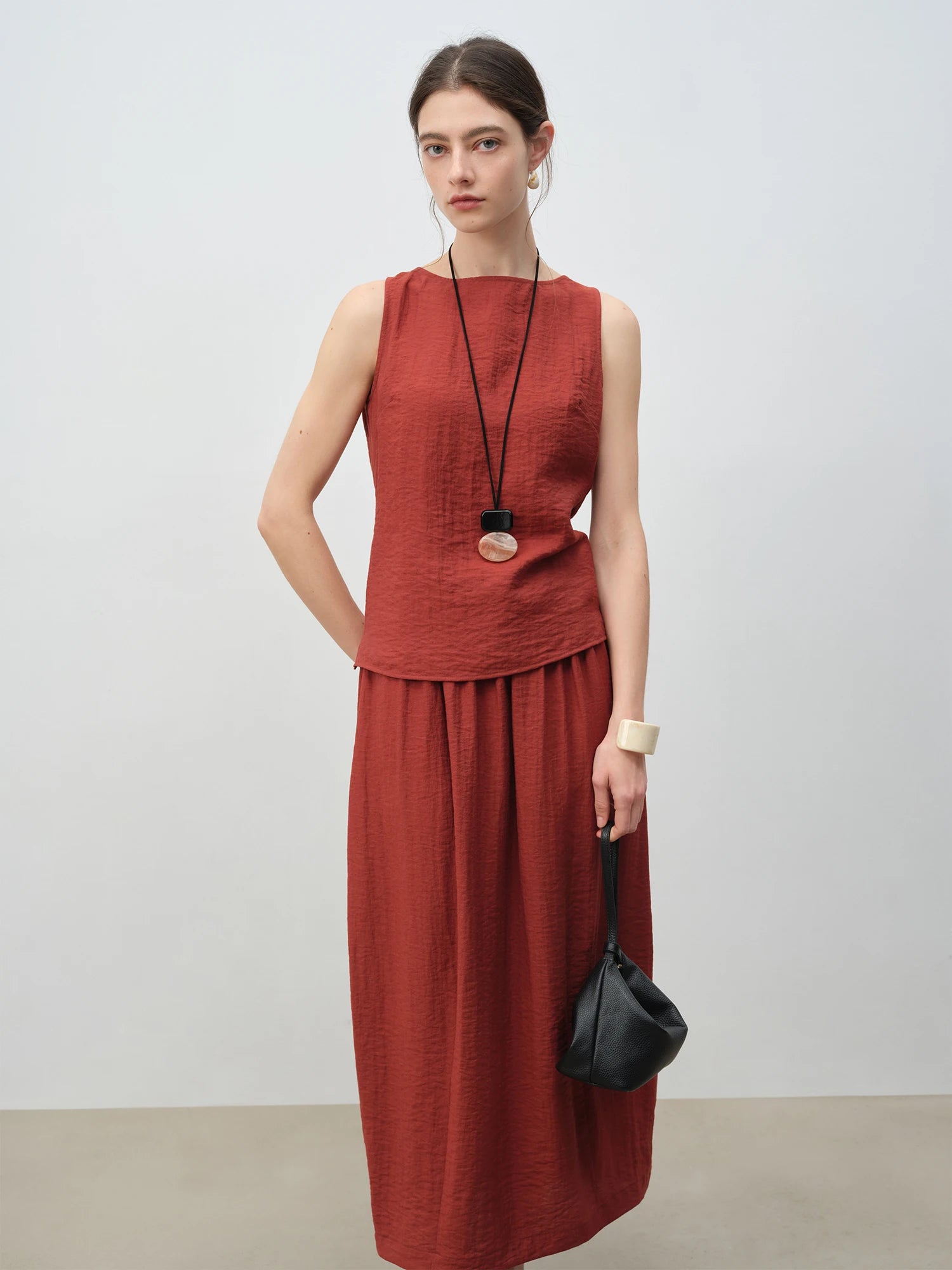 ZIQIAO 2025 Summer Petite Women Asian-Inspired Sleeveless Set - Flowy Blouson Skirt Tank Top Casual Outfit for Special Occasions