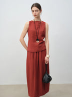 ZIQIAO 2025 Summer Petite Women Asian-Inspired Sleeveless Set - Flowy Blouson Skirt Tank Top Casual Outfit for Special Occasions