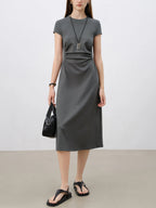 ZIQIAO 2025 SS Petite Women Slim Fit Waist-Cinching Knit Dress - Stretchy Bodycon Midi Dress Round Neck Casual Minimalist