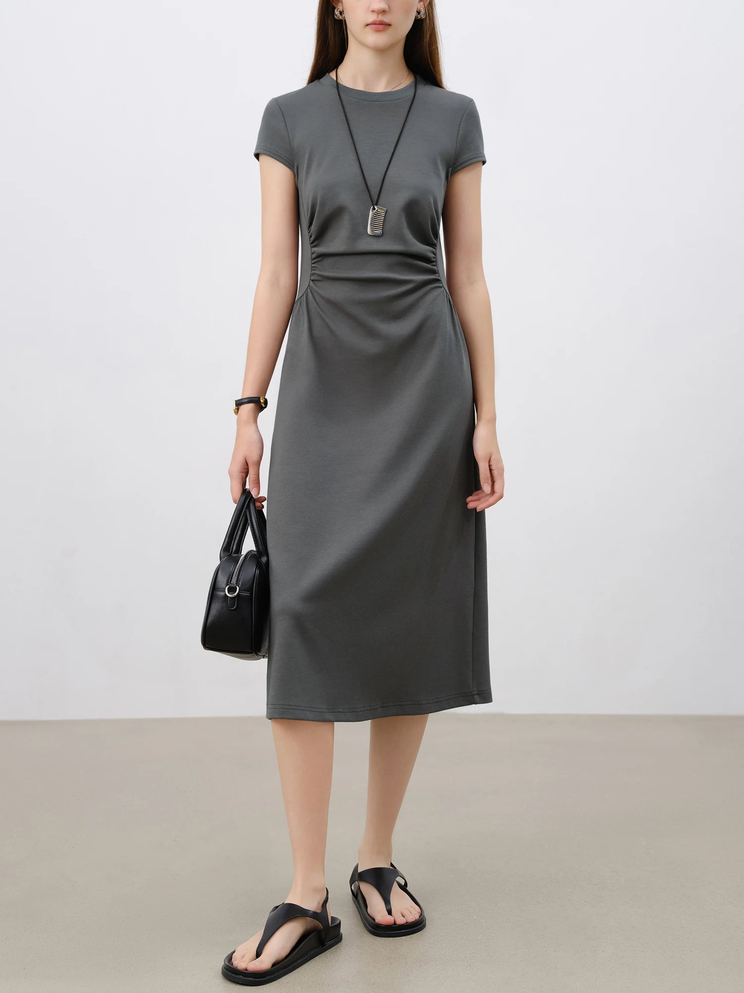 ZIQIAO 2025 SS Petite Women Slim Fit Waist-Cinching Knit Dress - Stretchy Bodycon Midi Dress Round Neck Casual Minimalist