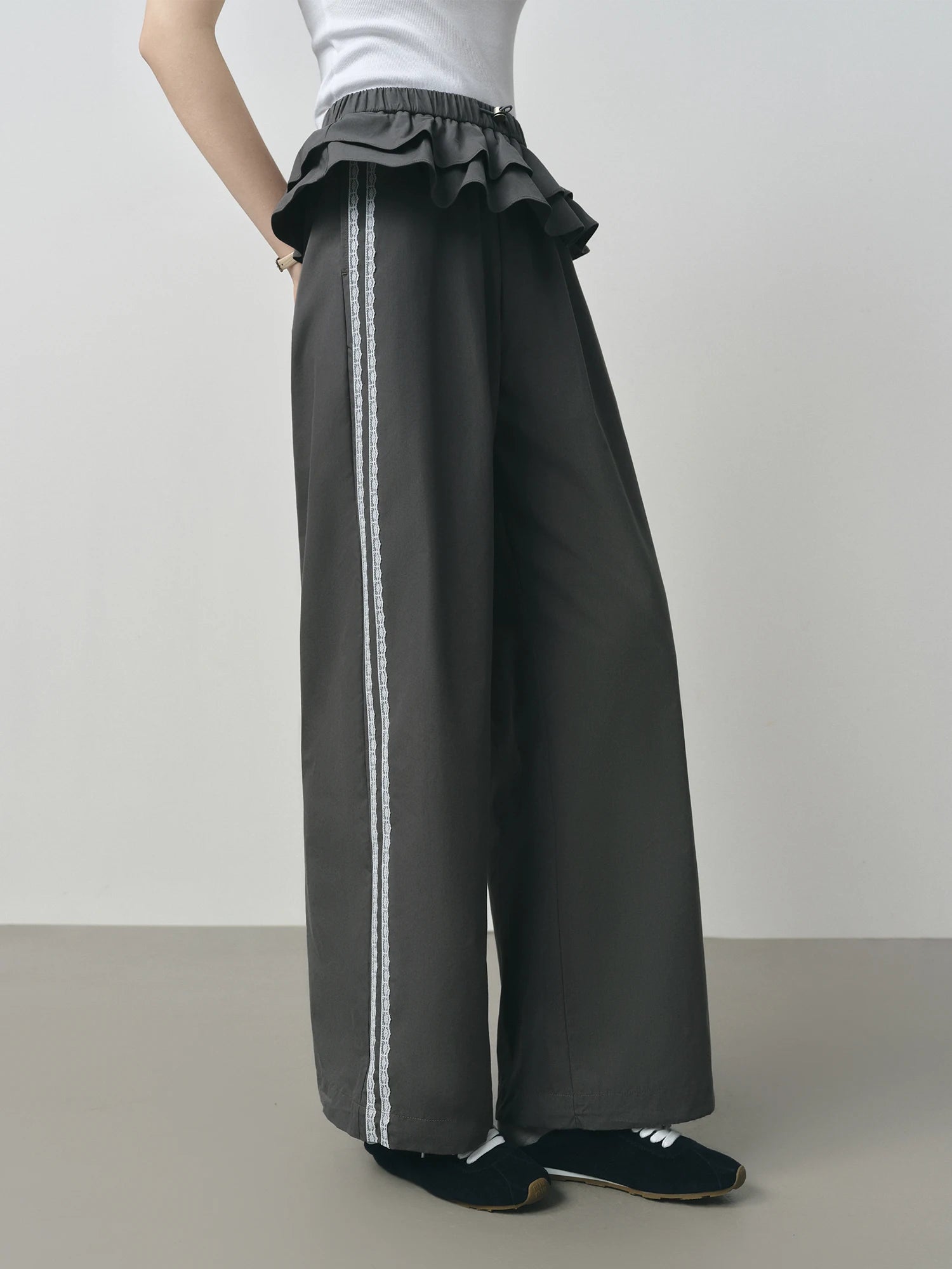 FSLE 2025 Summer Balletcore Pants Women's Fake Two-Piece Lace Trim Casual Trousers Y2K Trendy Ruffled Chic Joggers 25FS12880