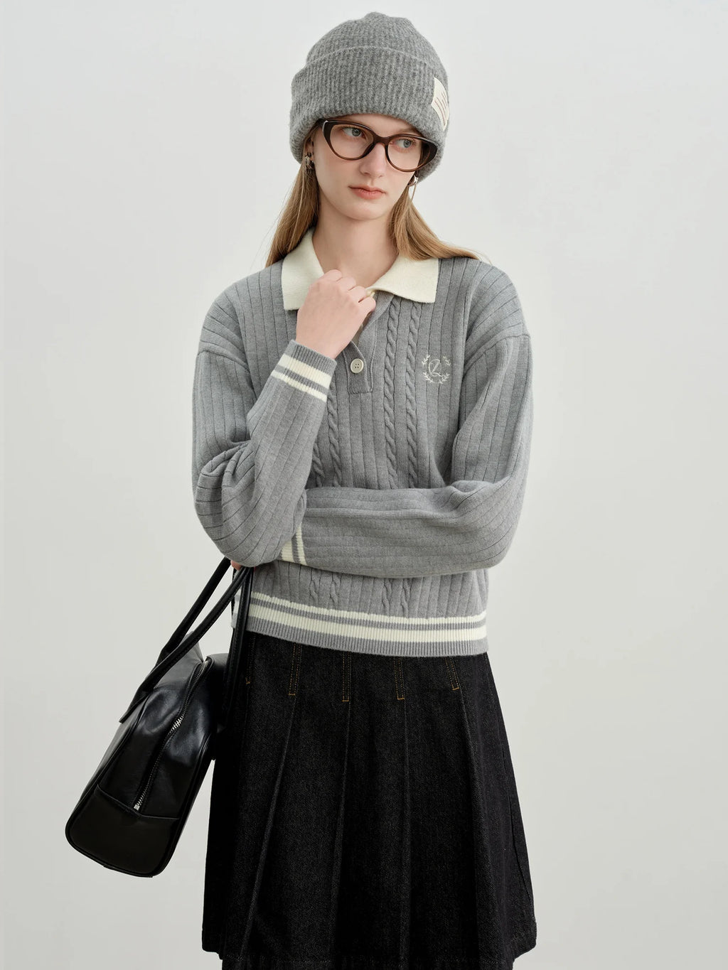 ZIQIAO 2025 Early Autumn New Arrival Stylish Cable Knit Polo Sweater for Petite Women College-inspired Wool Knitwear Pullovers