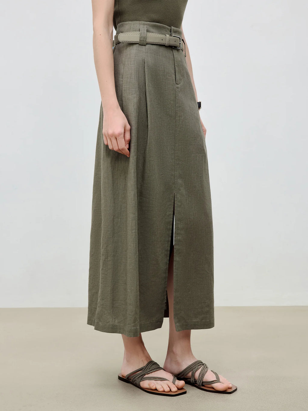 ZIQIAO 2025 Summer Women's Linen A-Line Midi Skirt - Triple Vent Hem & Breathable Styling Casual Loose Skirts 25ZQ92182