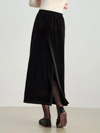 ZIQIAO French Style Black Velvet A-Line Midi Skirt for Women 2025 Autumn Winter New High-End Sense Long Hem Semi-Skirt Elegant