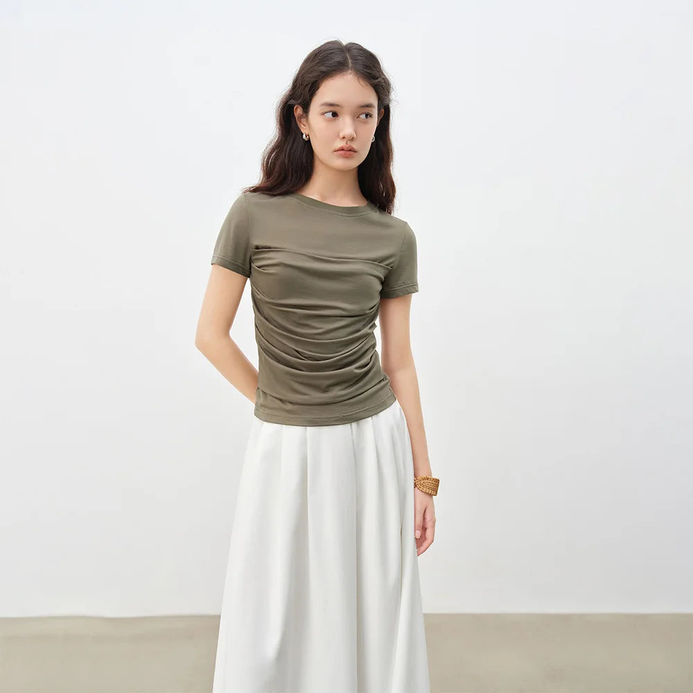 ZIQIAO 2025 Summer Women's Contour Stitch T-Shirt - Structured Round Neck Slim Fit Tee with Cool-Touch Yarn for Urban Explorer