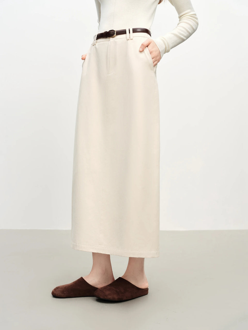 FSLE Extra Long Cotton Straight Skirt for Women Commuting 2025 Autumn and Winter New Style with Belt