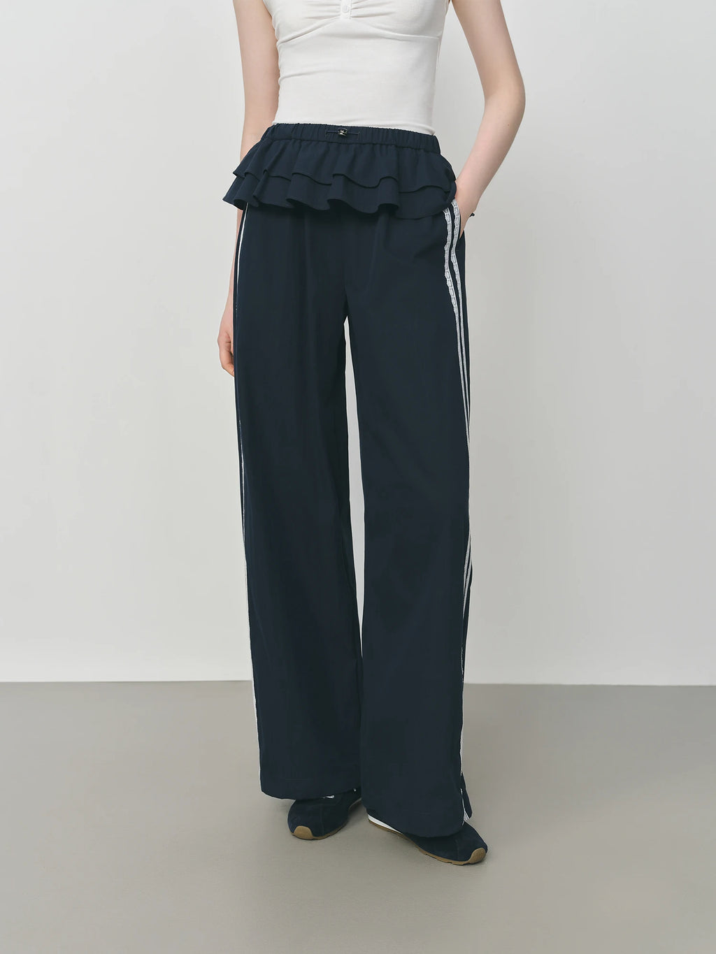 FSLE 2025 Summer Balletcore Pants Women's Fake Two-Piece Lace Trim Casual Trousers Y2K Trendy Ruffled Chic Joggers 25FS12880