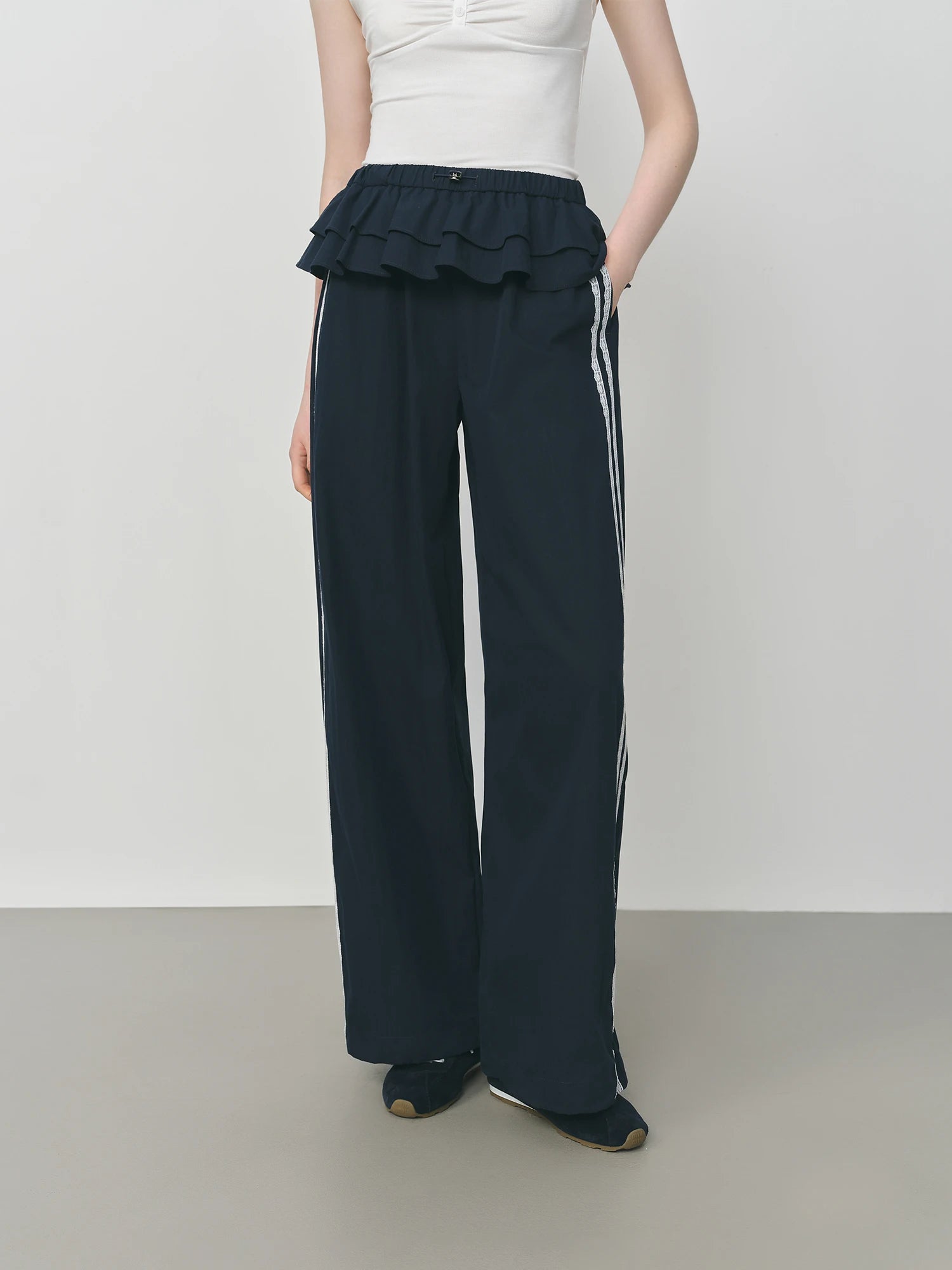 FSLE 2025 Summer Balletcore Pants Women's Fake Two-Piece Lace Trim Casual Trousers Y2K Trendy Ruffled Chic Joggers 25FS12880