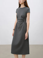 ZIQIAO 2025 SS Petite Women Slim Fit Waist-Cinching Knit Dress - Stretchy Bodycon Midi Dress Round Neck Casual Minimalist