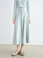 ZIQIAO Autumn 2025 Long Sleeve Set - Blue Soft Tone Matching Top & Skirt Long Length Women Casual Outfit