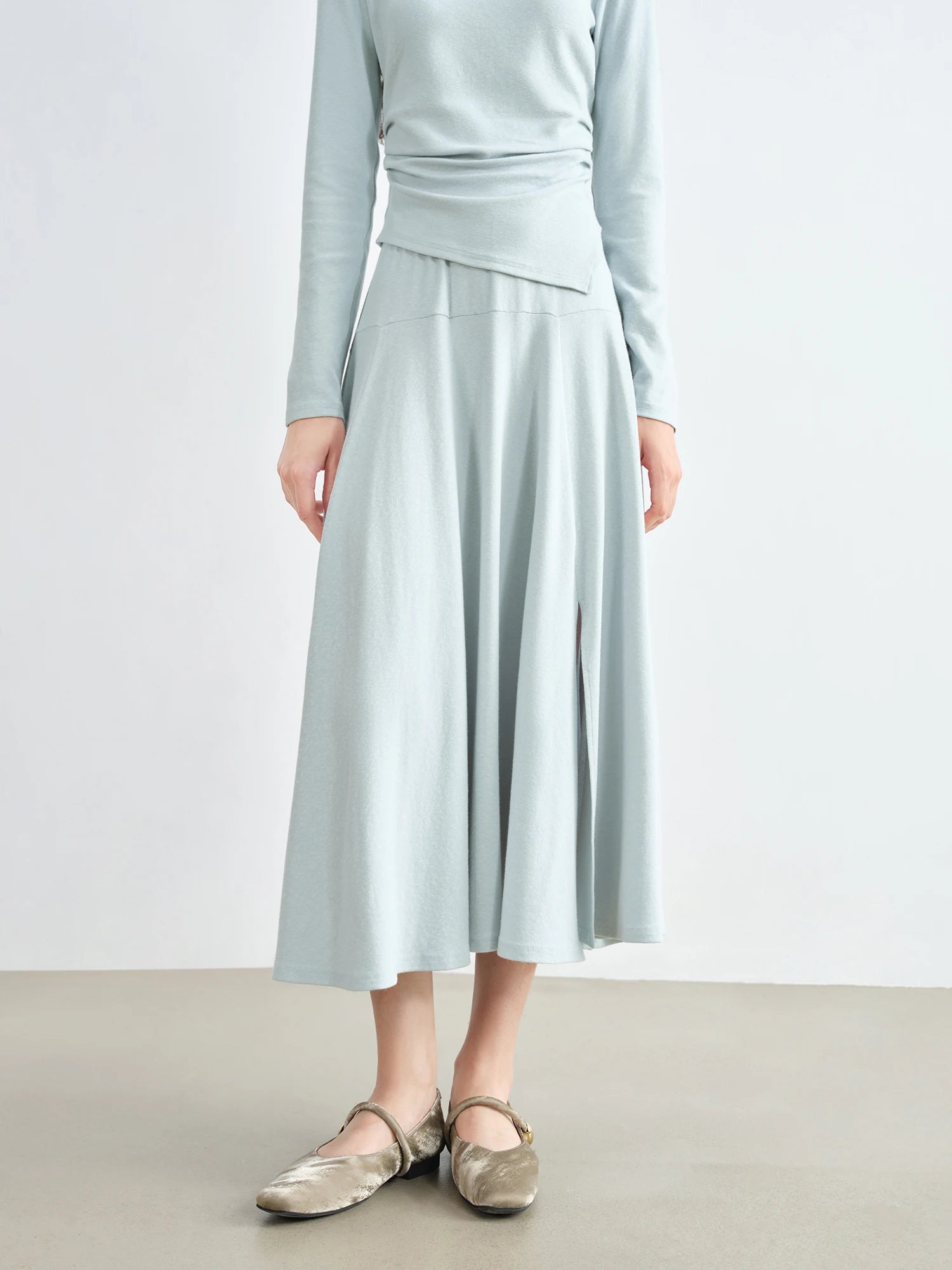 ZIQIAO Autumn 2025 Long Sleeve Set - Blue Soft Tone Matching Top & Skirt Long Length Women Casual Outfit