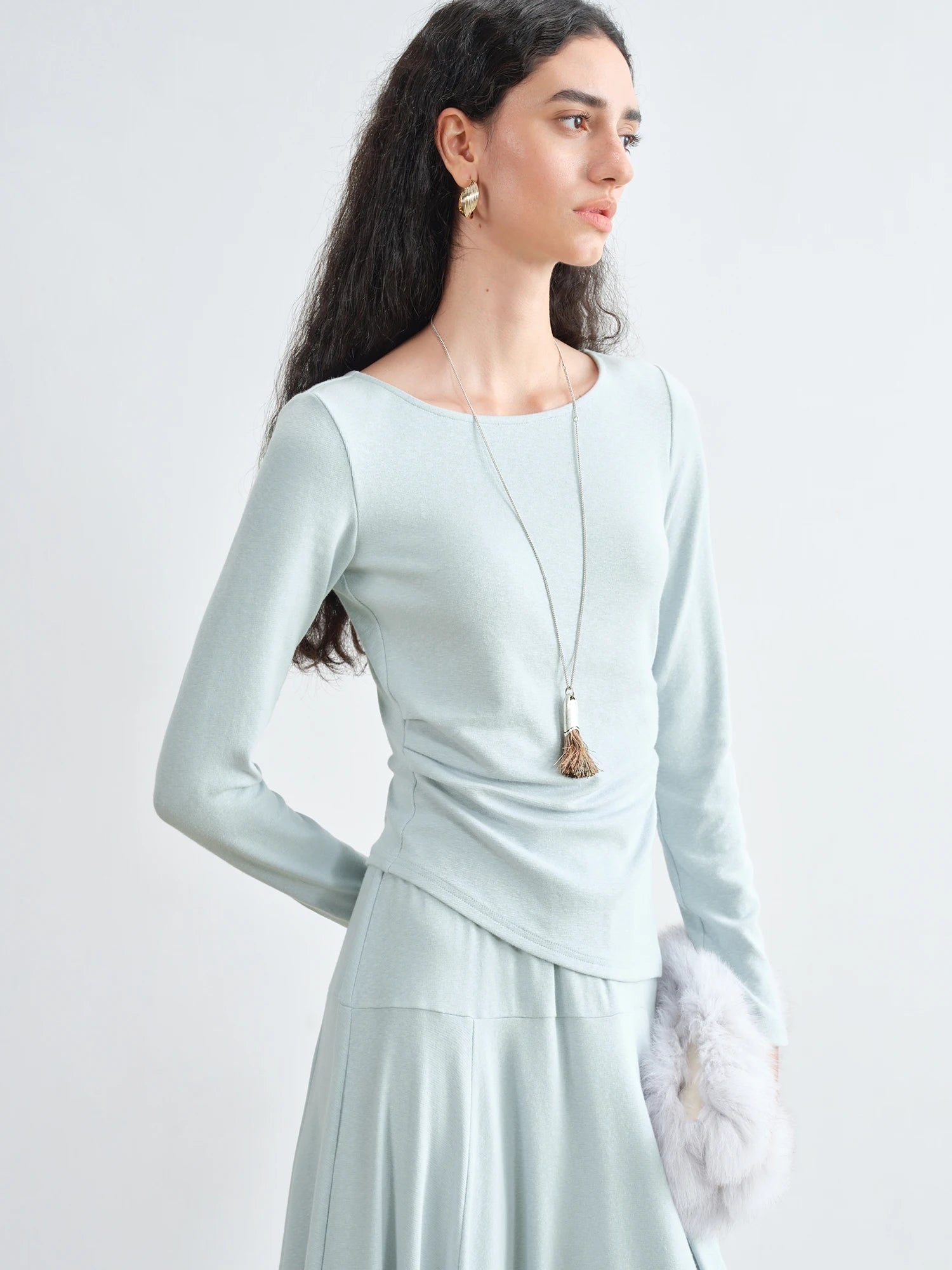 ZIQIAO Autumn 2025 Long Sleeve Set - Blue Soft Tone Matching Top & Skirt Long Length Women Casual Outfit