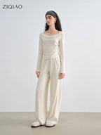 ZIQIAO 2025 Women's Knit Coordinate Set - Drop Collar Knit Top & Straight Leg Pants Office Casual Two Piece Set Elegance