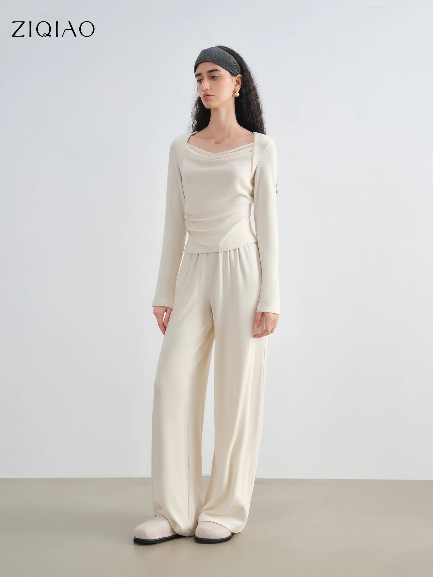 ZIQIAO 2025 Women's Knit Coordinate Set - Drop Collar Knit Top & Straight Leg Pants Office Casual Two Piece Set Elegance