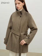 ZIQIAO Korean Style Short White Jacket for Women 2025 Early Winter New Style Stand Collar Stylish Warm Jacket