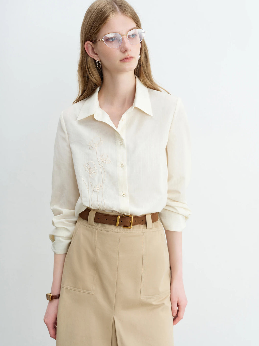 ZIQIAO Minimalism Style Gentle Flower Embroidered Shirt For Women 2025 Autumn New Arrival Striped Shirt Design Top 25ZQ93134