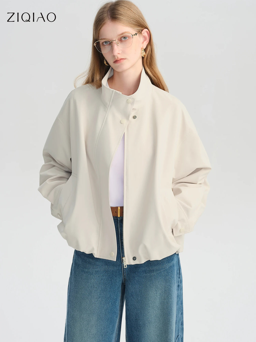 ZIQIAO Autumn 2025 Women's Cropped Stand Collar Jacket - Relaxed Fit Casual Short Outerwear Lightweight Layering Basic Top