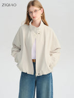 ZIQIAO Autumn 2025 Women's Cropped Stand Collar Jacket - Relaxed Fit Casual Short Outerwear Lightweight Layering Basic Top