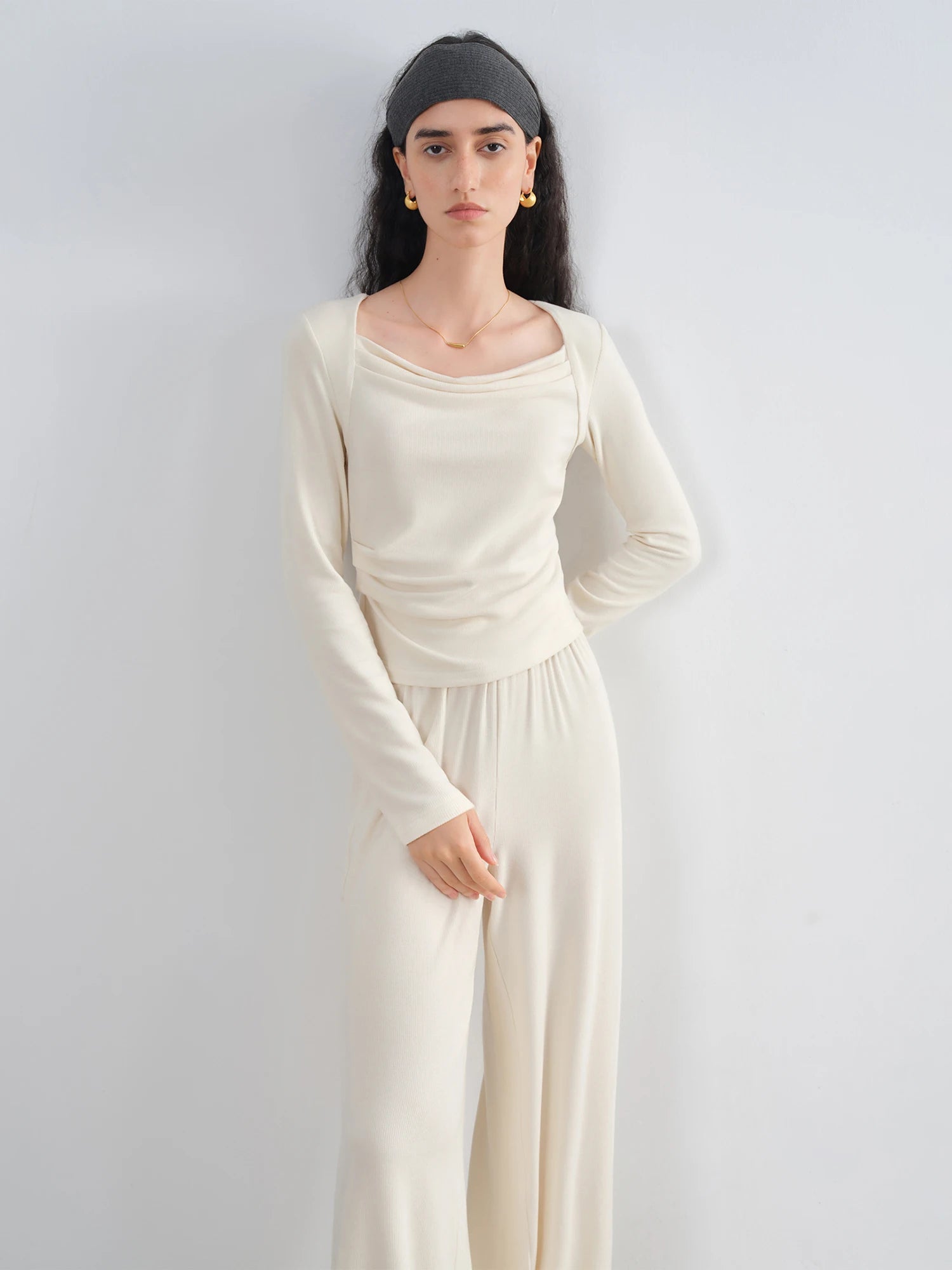 ZIQIAO 2025 Women's Knit Coordinate Set - Drop Collar Knit Top & Straight Leg Pants Office Casual Two Piece Set Elegance