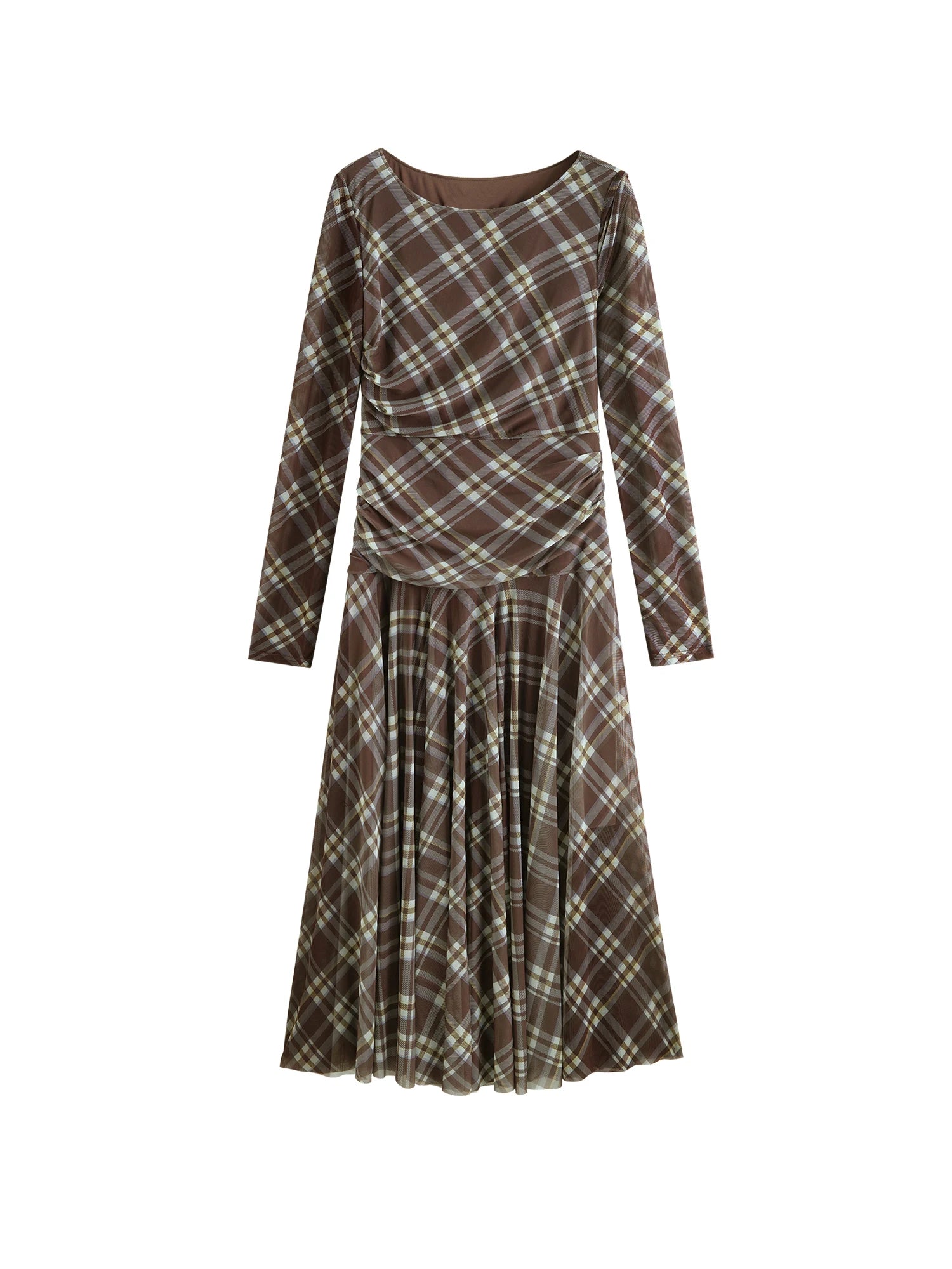 ZIQIAO Early Fall 2025 Women's Textured Plaid Maxi Dress - Long Sleeve Vintage Inspired Cinched Waist Flowy Elegant Daily Wear