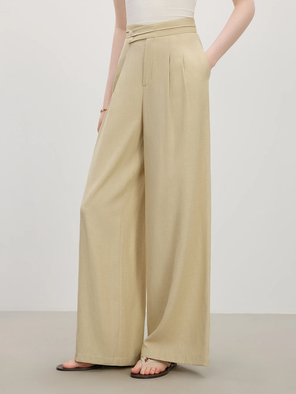 FSLE Women Casual Relaxed Linen Blend High-waisted Wide-leg Straight-leg Pants New Summer 2025 Pants 25FS12748