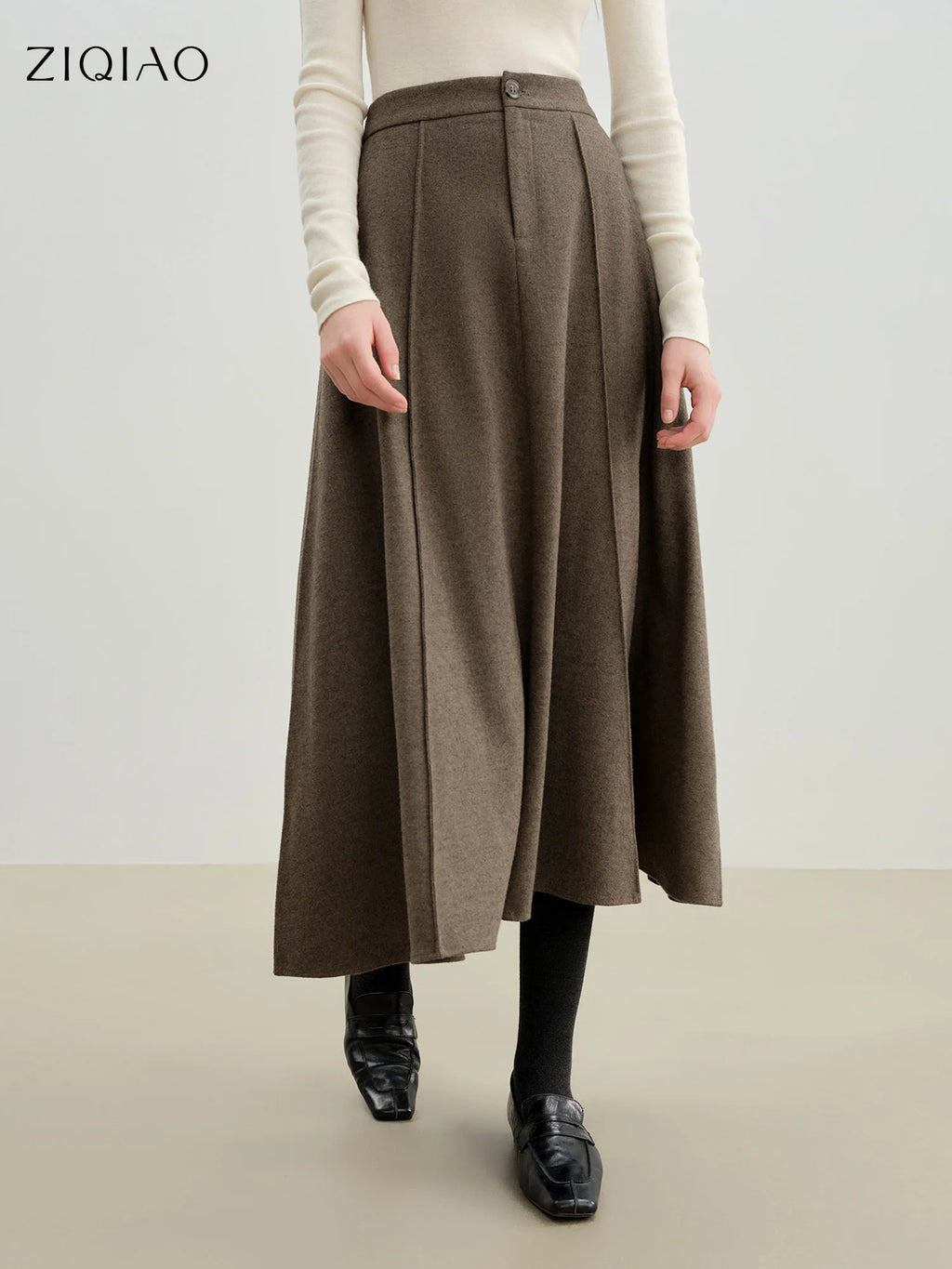 ZIQIAO 2025 Autumn Winter New Arrival Elegant 3D-Seamed Wool Draping Flared Umbrella-Style Skirt Stylish Half-Length Slim Skirts