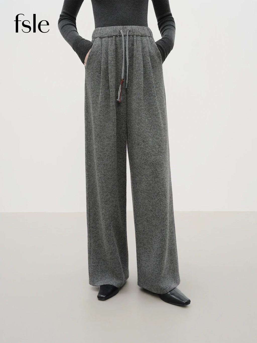 FSLE Elegant Wool Rice Dumpling Pants with Elastic Waist Drawstring Straight Cut Casual Winter Pants for Women 2025 New Arrival