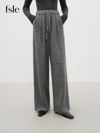 FSLE Elegant Wool Rice Dumpling Pants with Elastic Waist Drawstring Straight Cut Casual Winter Pants for Women 2025 New Arrival