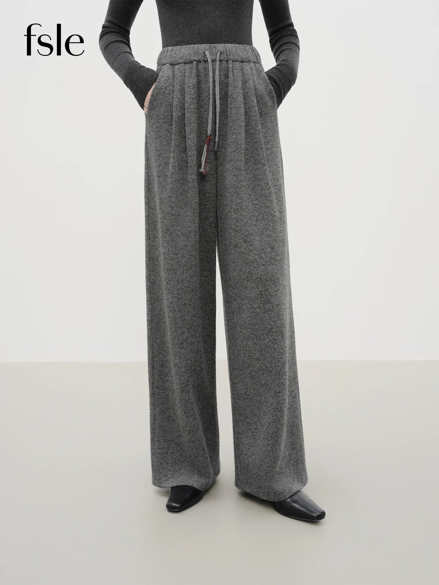 FSLE Elegant Wool Rice Dumpling Pants with Elastic Waist Drawstring Straight Cut Casual Winter Pants for Women 2025 New Arrival