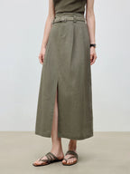 ZIQIAO 2025 Summer Women's Linen A-Line Midi Skirt - Triple Vent Hem & Breathable Styling Casual Loose Skirts 25ZQ92182