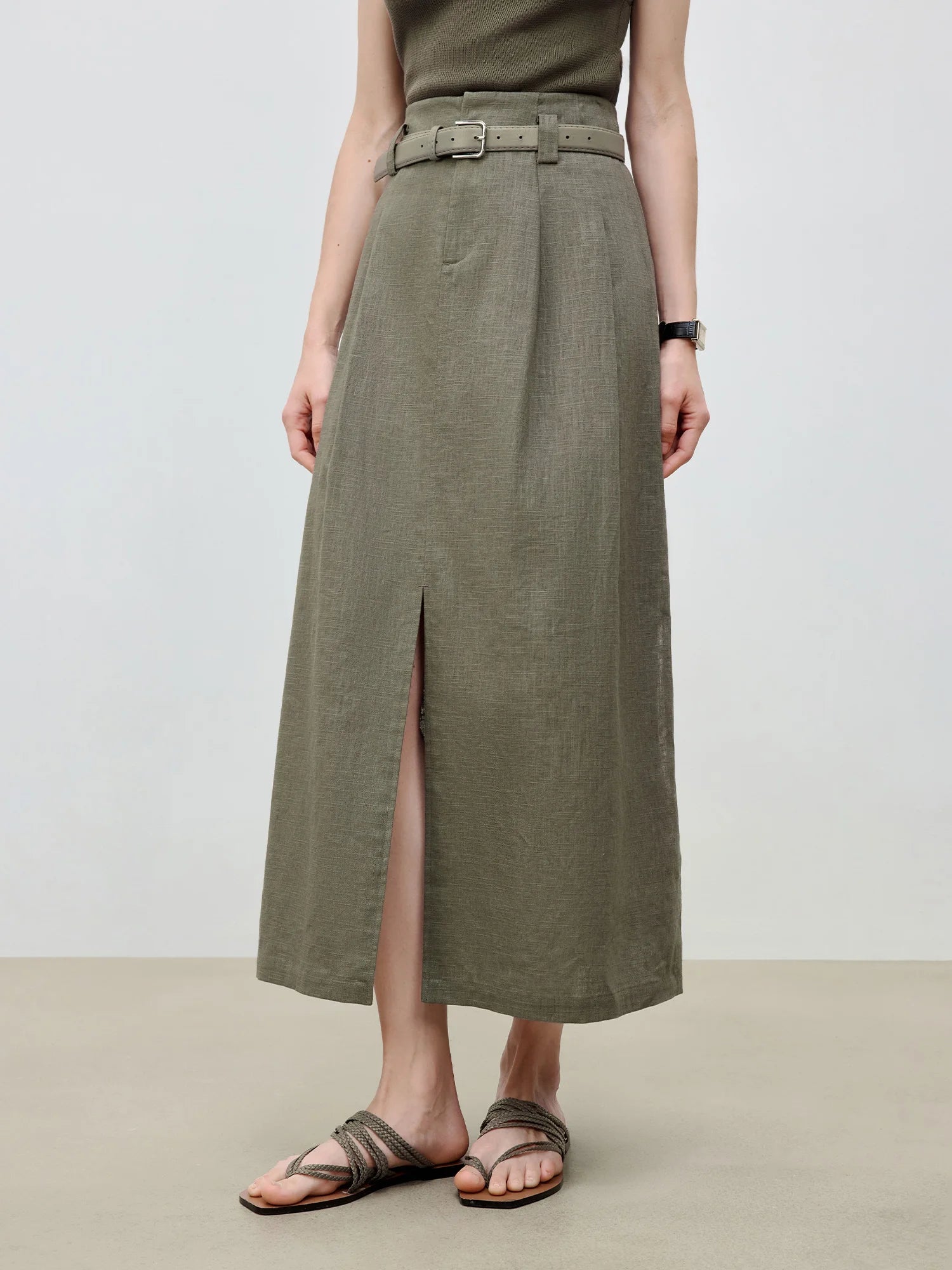 ZIQIAO 2025 Summer Women's Linen A-Line Midi Skirt - Triple Vent Hem & Breathable Styling Casual Loose Skirts 25ZQ92182