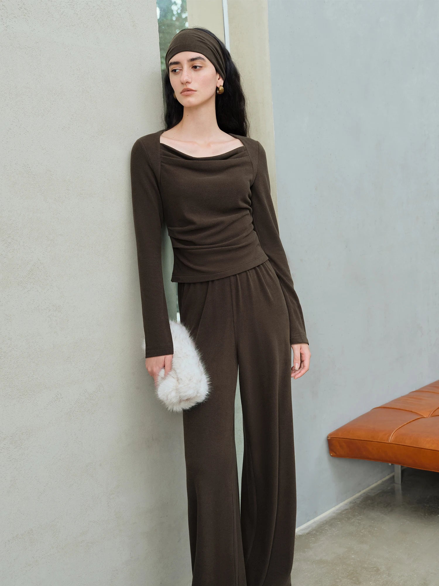 ZIQIAO 2025 Women's Knit Coordinate Set - Drop Collar Knit Top & Straight Leg Pants Office Casual Two Piece Set Elegance