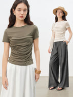 ZIQIAO 2025 Summer Women's Contour Stitch T-Shirt - Structured Round Neck Slim Fit Tee with Cool-Touch Yarn for Urban Explorer